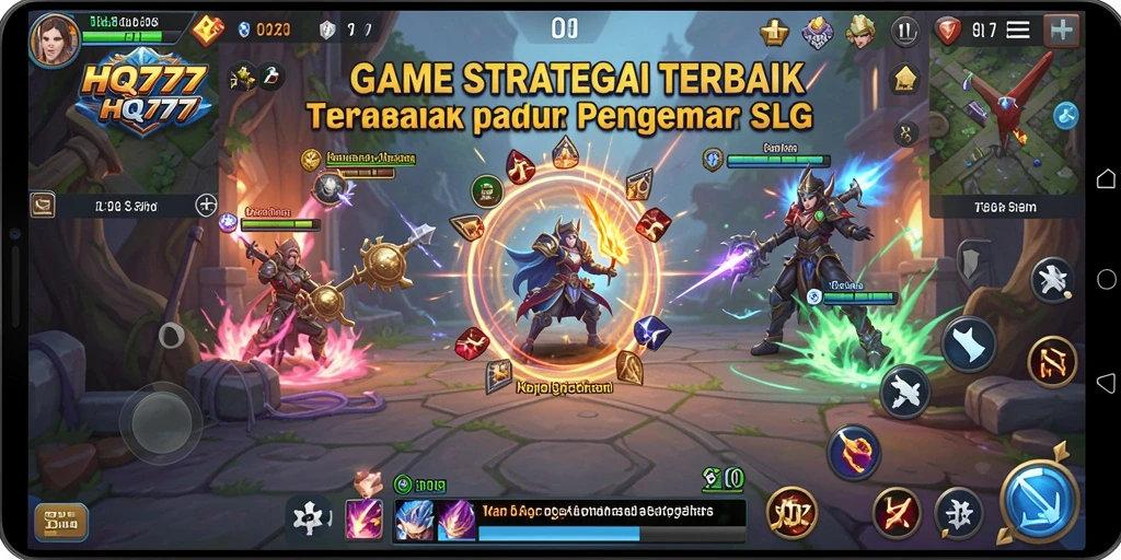 Tangkapan layar gameplay menampilkan strategi dan pertempuran epik di HQ777.