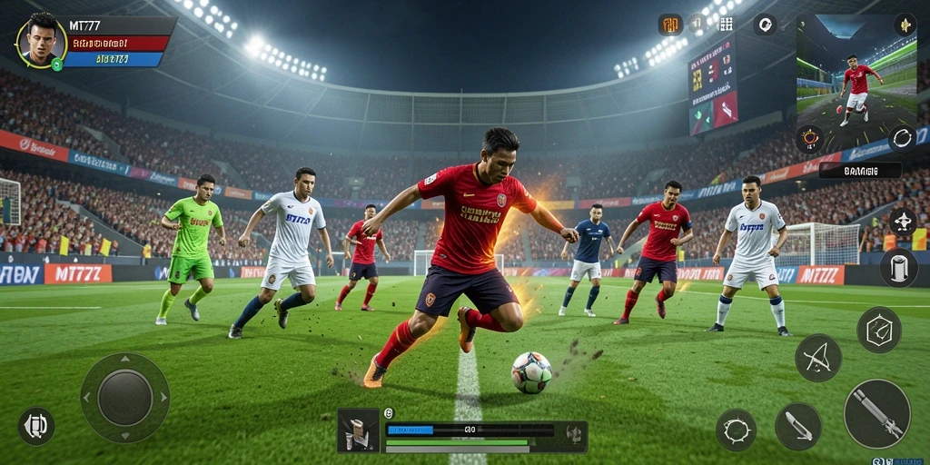 Gameplay MT777 menunjukkan aksi mendebarkan di lapangan sepak bola.
